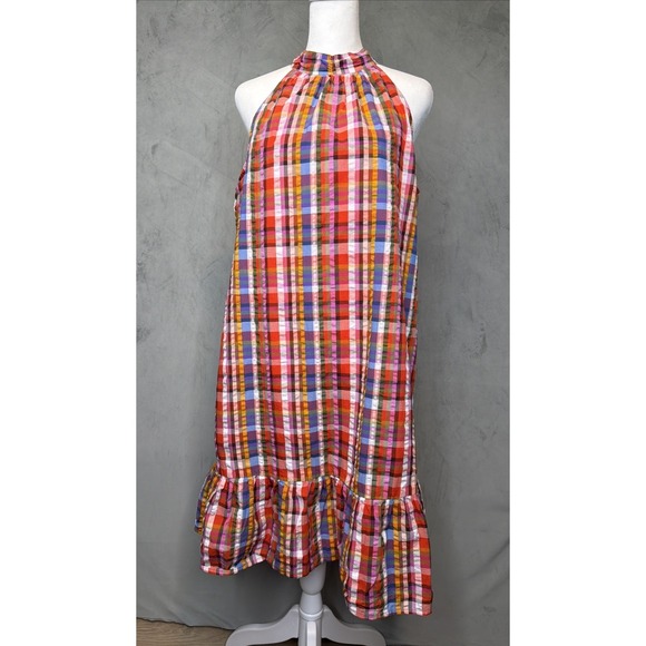Ann Taylor Dresses & Skirts - Ann Taylor Factory Plaid Halter Dress Women's M Multicolor Ruffle Hem Cotton